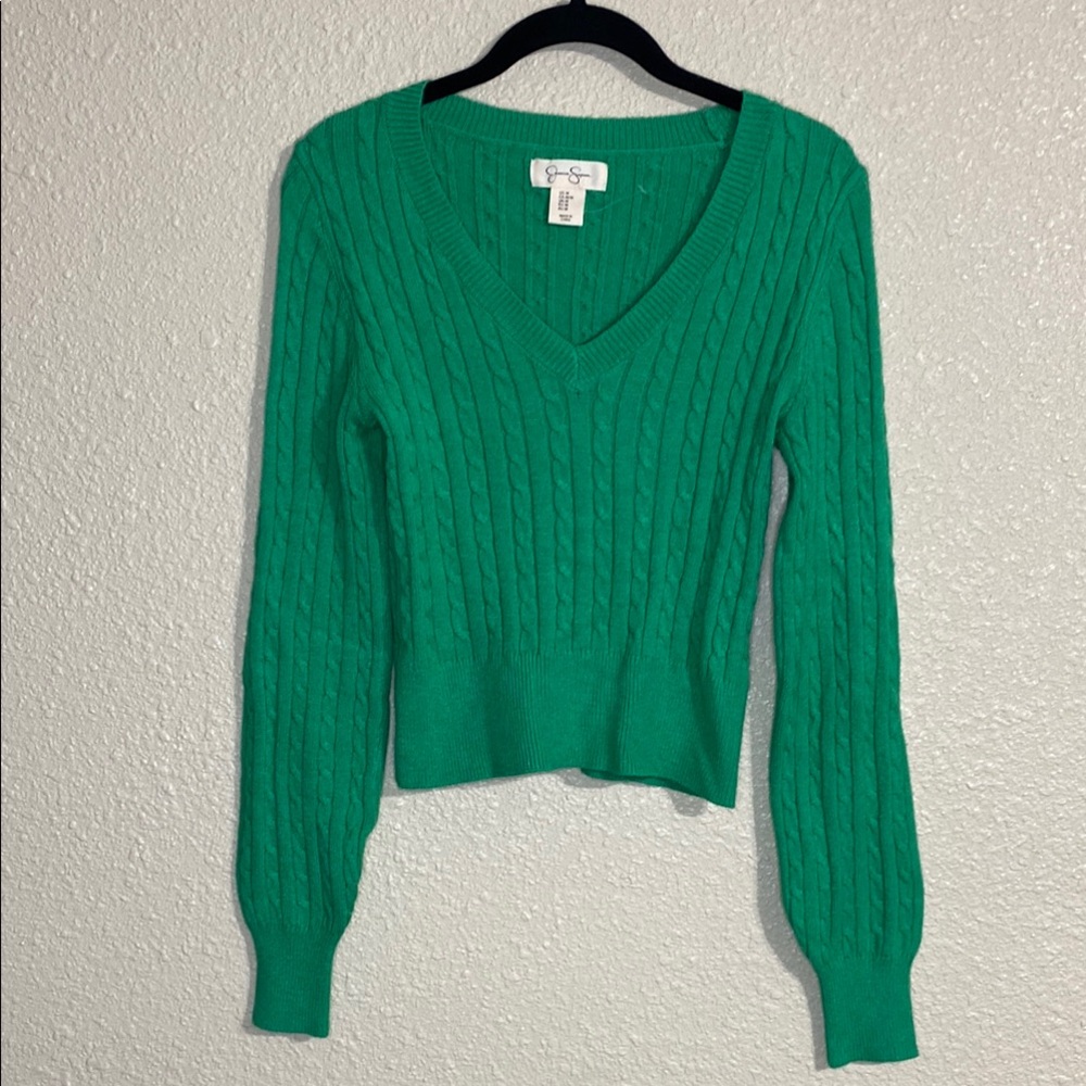Jessica Simpson Green Cable Knit V-Neck Sweater NWOT Size M